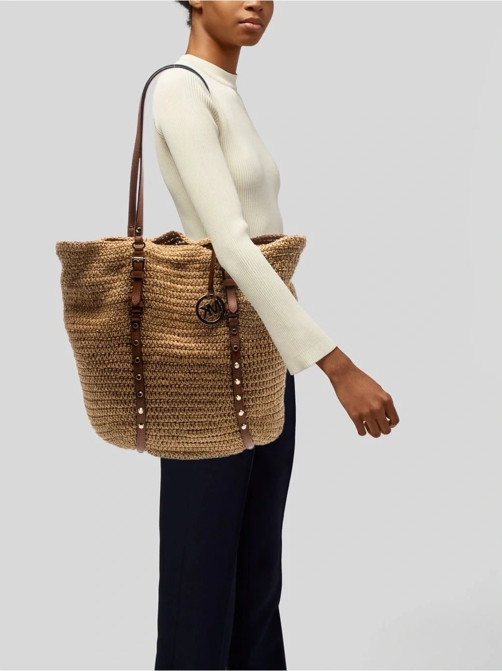 MICHAEL MICHAEL KORS Large Studded Straw Shopper Tote Bag